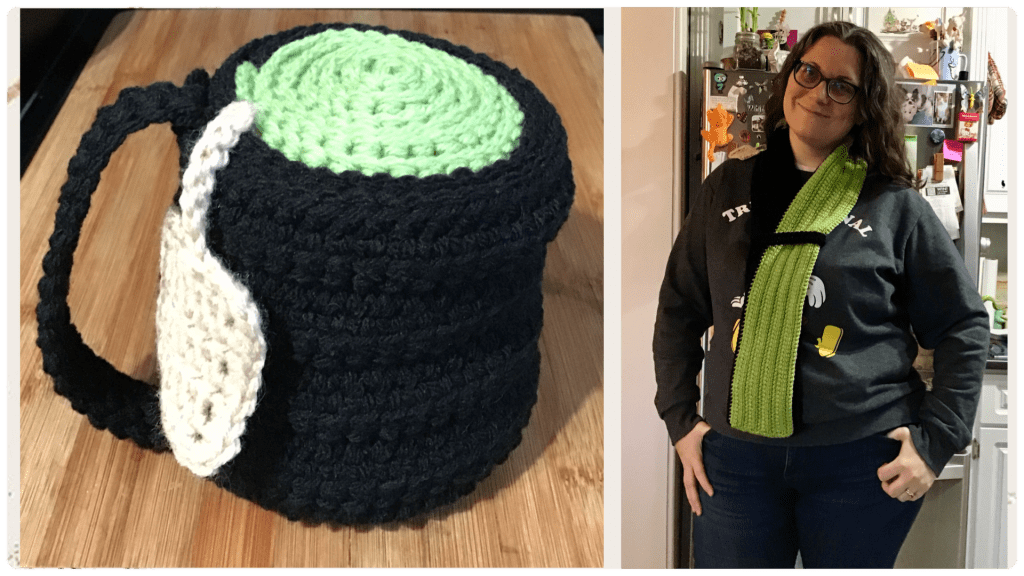 This collage has the scarf rolled up as a mug and then me wearing it as a scarf